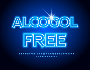 Vector advertising poster Alcohol Free. Bright Neon Font. Set of Blue Neon Alphabet Letters and Numbers.