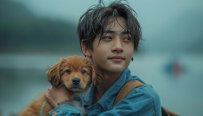 Asian young man in blue shirt with cute puppy dog