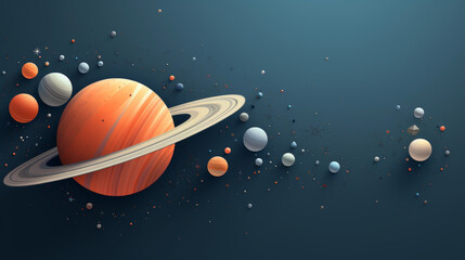 Fototapeta premium Creative depiction of Saturn and various moons against a dark space background in a minimalist style 