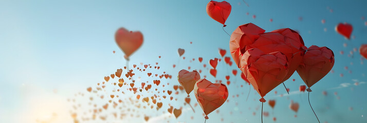red hearts and balloons flying across a sky background, Vibrant Heart Balloons Floating Against a Blue Sky.