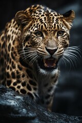 High-definition close-up of a fierce leopard with its mouth open and an intense gaze