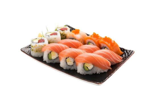 A wide selection of sushi is beautifully presented on appetizing plates on a transparent background. Generative AI
