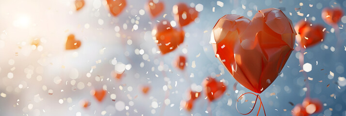 many heart shaped red balloons flying in blue sky with white clouds, 