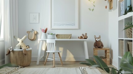Playful and cozy kid's room interior for a boy, featuring a mock-up poster, white desk, animal wicker basket, and personal accessories
