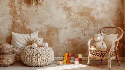 Playful and warm kids room, featuring a braided armchair, plush toys, and wooden blockers, all set against a cozy beige stucco wall