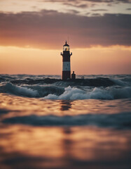 lighthouse in the middle of the sea, sunset colors and little wavy sea
