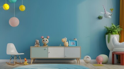 Playful and warm kid's room interior, blue walls, furnished with a modern sideboard, assorted plush toys, and colorful, fun decorations