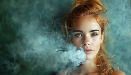 Beautiful female pirate smoking pipe on green background 