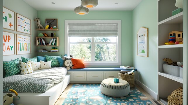 Refreshing kids' room with mint green accents, featuring educational toys, a cozy reading nook, and bright, playful decor elements