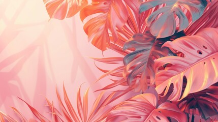 Monstera illustration background, peach color, love and romance, tender expressions