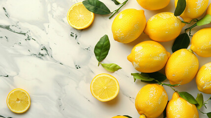 Many fresh lemons on light background with space for t