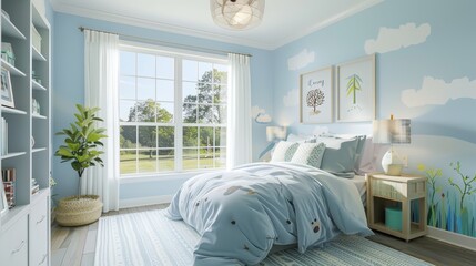 Soothing children's room in sky blue, designed with themed bedding, interactive wall decals, and a safety-first approach, featuring a reading nook