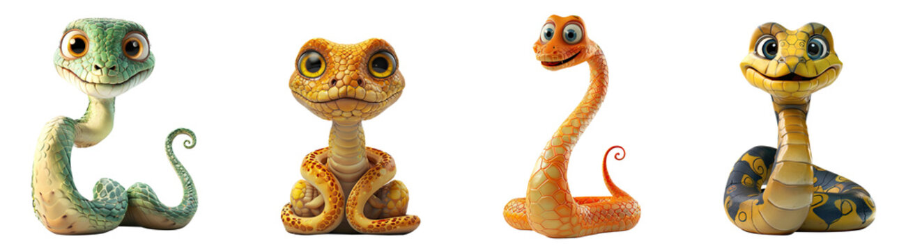 Set of 3D cute happy cartoon snake, isolated on white background, png