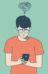 Teen boy in orange shirt read from smartphone screen flat style illustration.