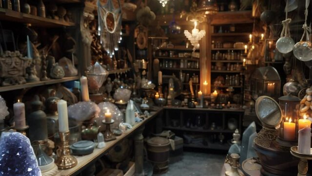 Atmospheric still life photography capturing the enchanting ambiance of an eclectic curiosity shop
