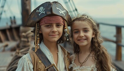 Boy as pirate and princess girl stand on ship 