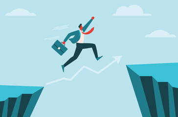 Obraz premium Ambitious businessman in blue suit jump over the cliff, flat illustration