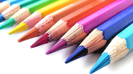 A close-up image of brightly colored pencils in a row, showcasing their sharp tips and vibrant colors.
