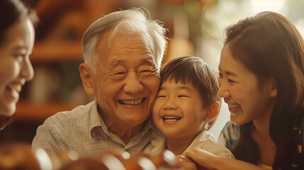 Elderly man with a gleaming smile surrounded by family members sharing a joyful moment during a mealtime gathering