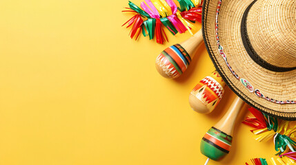 Mexican maracas with sombrero hat and paper garland on