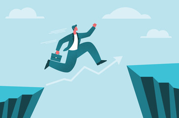 Ambitious businessman in blue suit jump over the cliff, flat illustration