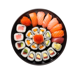An artfully arranged sushi platter with a selection of nigiri, sashimi, isolated on top view. Generative AI