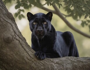 Naklejka na ściany i meble a black panther is sitting on the tree branch and looking into the camera