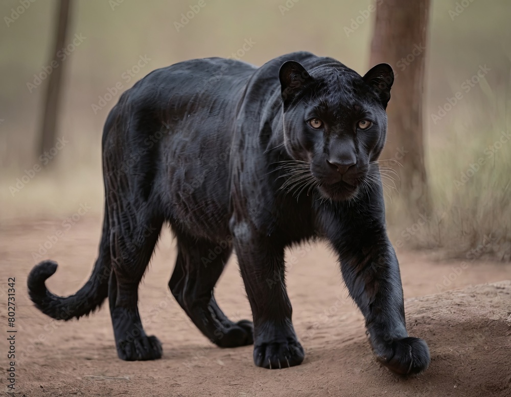 Wall mural black leopard walking along the dirt road in the wild, looking for prey