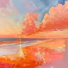 Fototapeta premium Tropical beach at sunset, with the sky painted in hues of orange and pink, reflecting on calm waters, offering a peaceful retreat from daily life