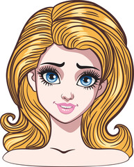 Cartoon blond girl with big blue eyes. Young cartoon woman with big blue eyes and blond hair. Expressive blond girl, female avatar.