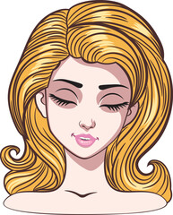 Young cartoon woman with big closed eyes, long eyelashes and blond hair. Expressive blond girl, female avatar