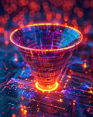 Sales funnel, depicted in vibrant, illuminated segments on a high-tech circuit board background, representing data-driven sales processes
