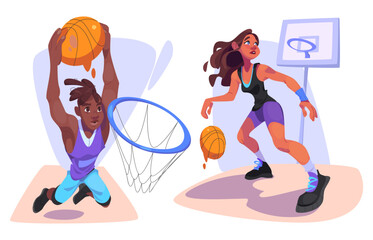 Basketball player sport illustration. Black afro boy shot ball in basket cartoon vector isolated on white background. Running girl in uniform playing and african guy jump. Professional female athlete - obrazy, fototapety, plakaty