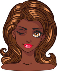 Young cartoon dark skinned woman with big eyes, long eyelashes and dark brown hair winking. Expressive girl, female avatar.