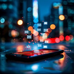 Fototapeta premium Generic smartphone illuminated by the light of multiple notifications popping up against a blurred cityscape at night