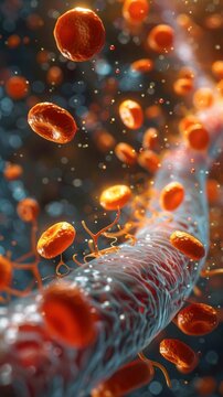 LDL cholesterol particles in a bloodstream, depicted in 3D, illustrating the risk of arterial blockage on a cellular level