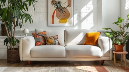 Modern living room interior featuring a design boucle sofa, colorful decor, and a mock-up poster, accented with plants and personal touches, bright and inviting