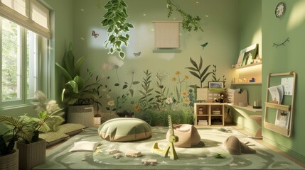 Nature-inspired kids' room in soft green, equipped with interactive wall decals, a reading nook, and an art supplies station, fostering a creative environment