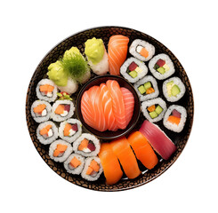 An artfully arranged sushi platter with a selection of nigiri, sashimi, isolated on top view. Generative AI
