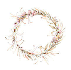 Watercolor boho plants elegant wreath clipart. Wedding hand painted beige dried branches and pink flowers. Floral frame for wedding invitations, greeting cards, sublimations, wedding monogram, logo.