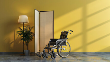 Fototapeta na wymiar Modern empty wheelchair with lamp and folding screen 