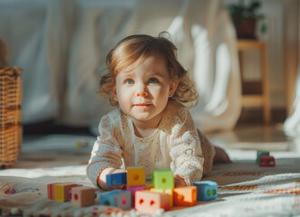 happy little girl playing with colorful wooden blocks in the playroom
