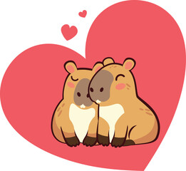 Couple of capybaras in love. Cute cartoon couple of capybaras with hearts, Valentine's day themed illustration.