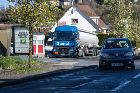 France, 30 March 2024: Tanker Truck Driving Through French Village.