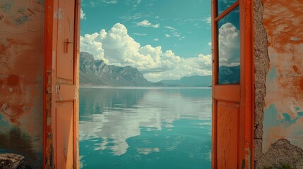 Dream-like scenery through an old door, showcasing soft clouds, a mirror-like lake, and coral hues that inject warmth and personality into the view