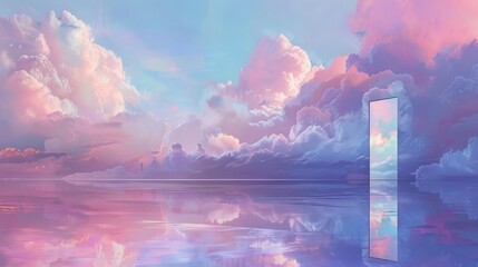 Dreamy landscape featuring a door leading to clouds above a reflective lake, with soft pastels of pink, blue, and lavender creating a serene atmosphere