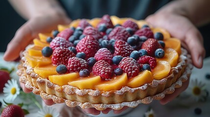   Close-up image of a person holding a pie filled with berries and peaches, with flowers surrounding it