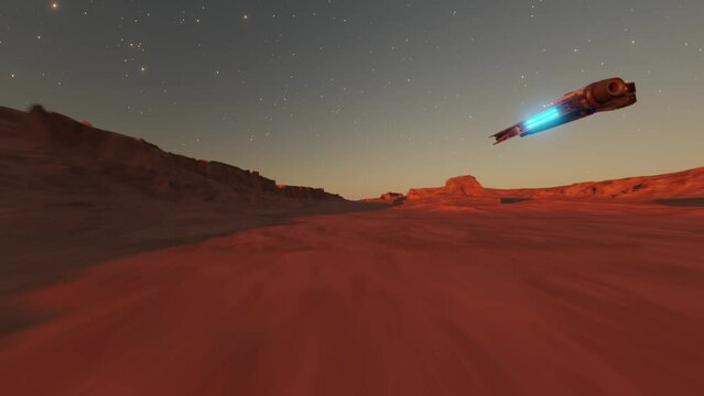 Spaceships flying above the surfave of planet Mars
