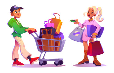 Man with shopping cart. Woman after mall with bag. Shopper people character buy gift in market cartoon set. Girl customer purchase package with family credit card. Isolated boy carrying trolley - obrazy, fototapety, plakaty