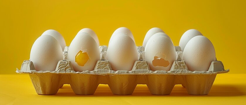 Fresh white eggs with yolk on cardboard tray on yellow backgound , neon light